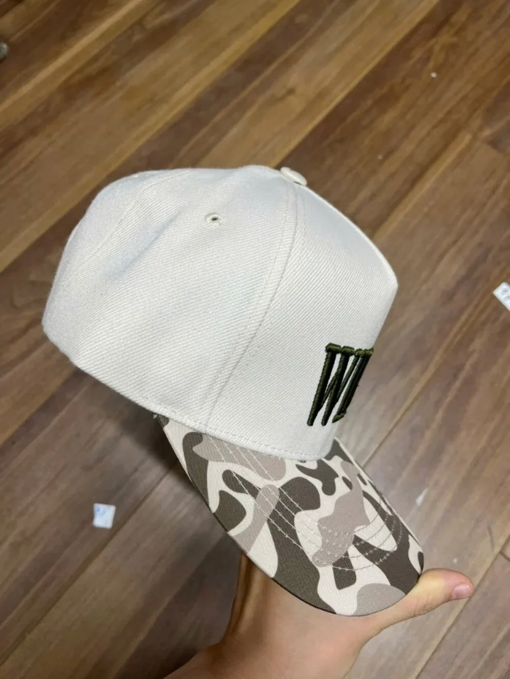 Wifey Embroidered Snapback Hat – Cream Crown Camo Flat Brim Cap with Olive Green